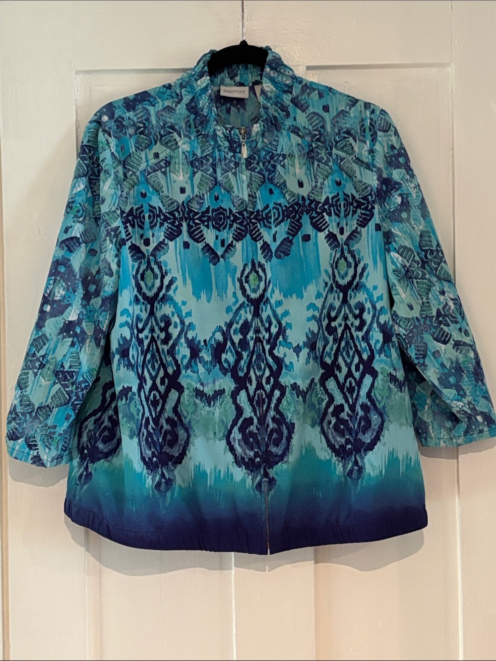 Chico's Teal & Navy Patterned Zip-Front Jacket